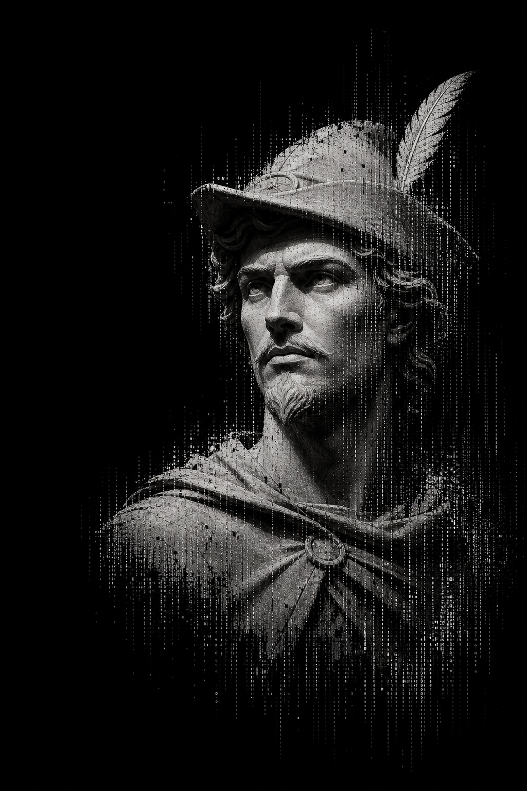 A fragmented digital marble statue of Robin Hood wearing a feathered cap and goatee